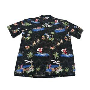Pacific Legend Black Surfing Santa Christmas Button Down Aloha Camp Shirt XL